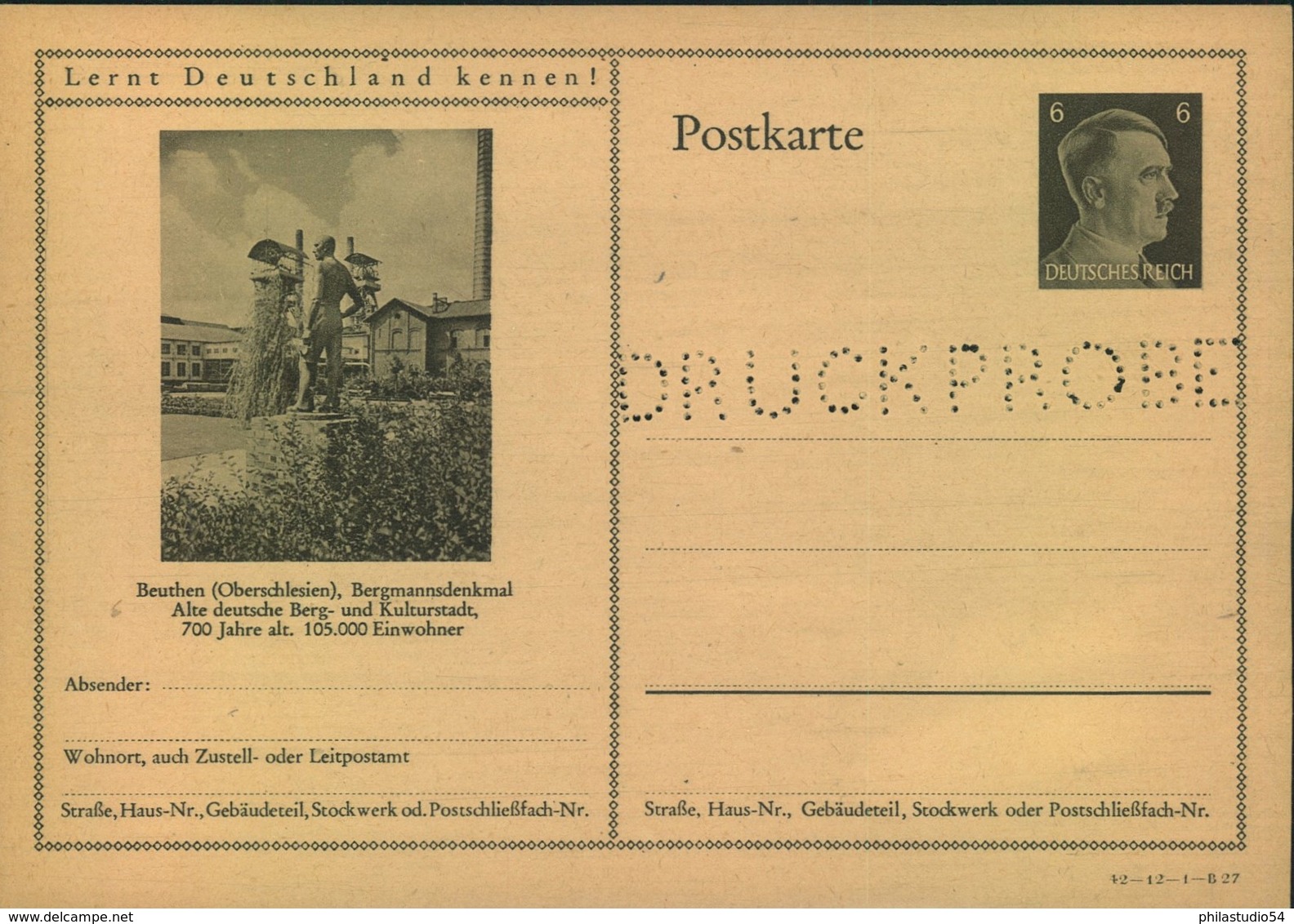 6 Pfg. Hitler Bildganzsche Gelocht "DRUCKPROBE" , Beuthen Bergmannsdenkmal (P305) - Sonstige & Ohne Zuordnung