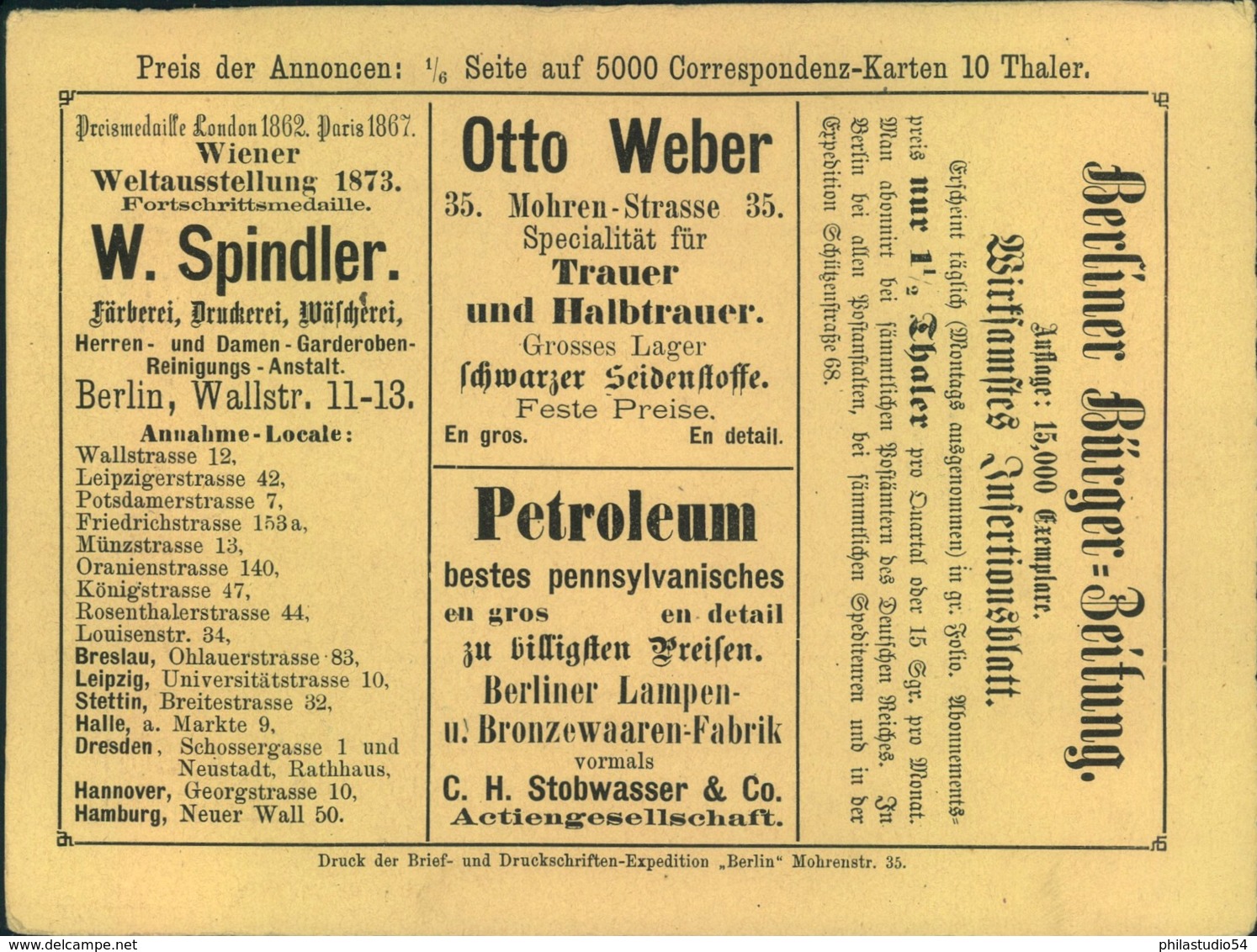1874, Annoncenkarte DRUCKSCHRIFTEN-EXPEDITION BERLIN, Gebraucht - Selten - Postes Privées & Locales