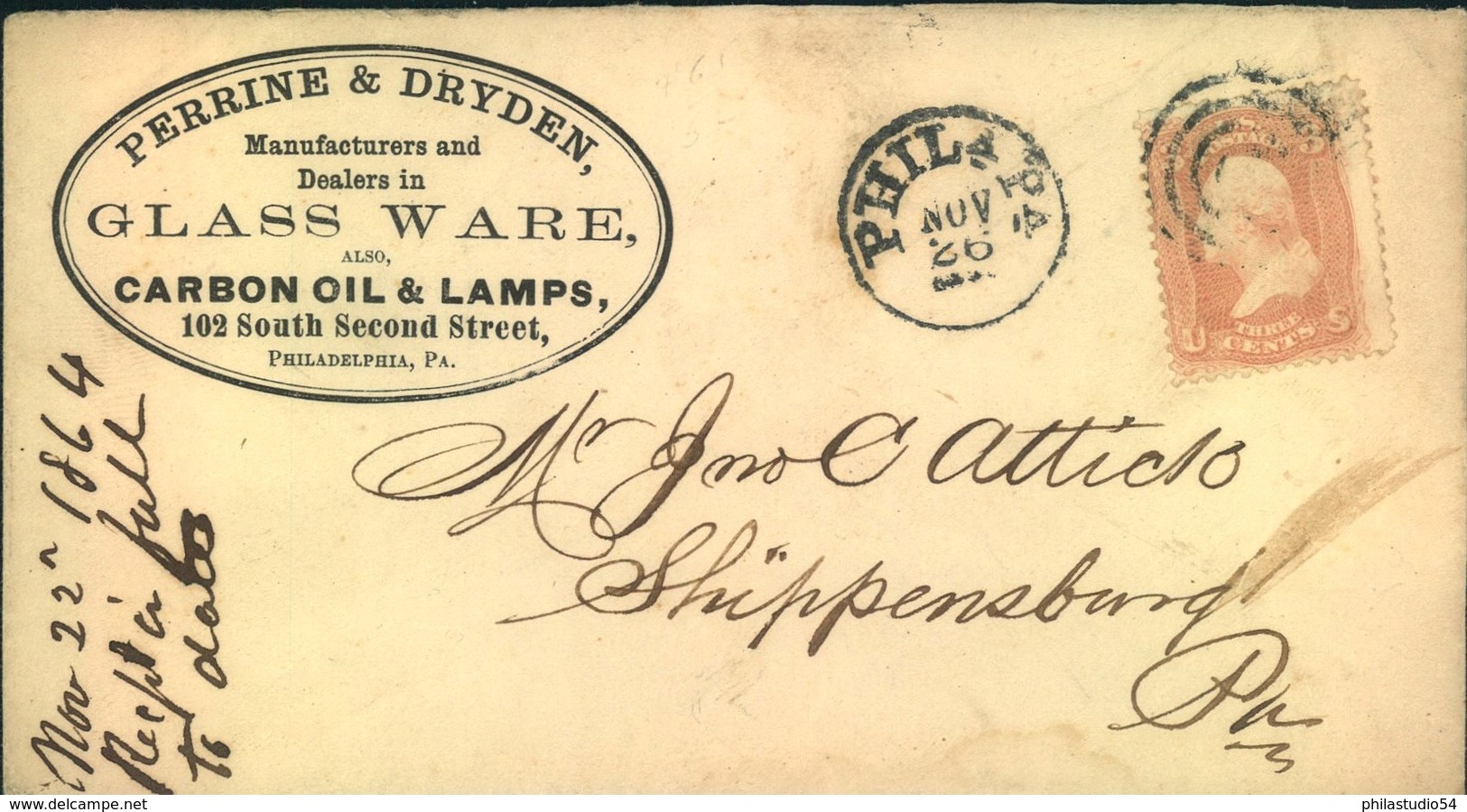1864, Beautiful Advertising Envelope "CARBON OIL & LAMPS From Philadelphia, USA Scarce "PHILA PA." Duplex - Autres & Non Classés