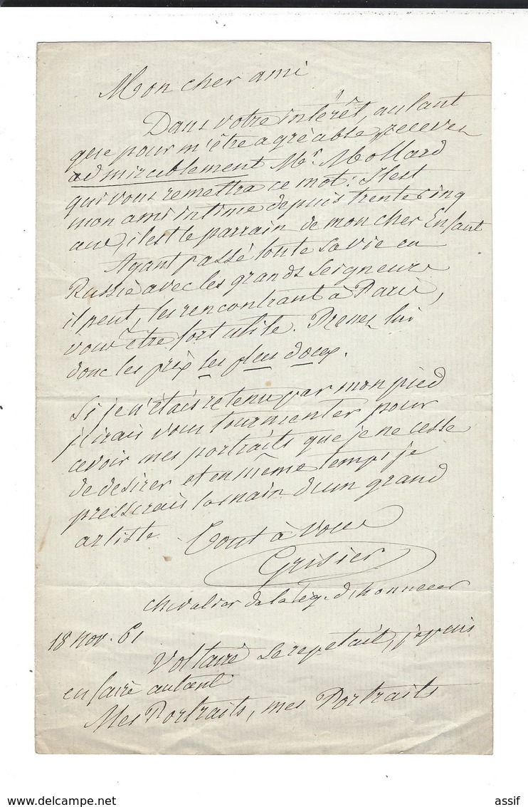 AUGUSTIN GRISIER 1791 - 1865  Lettre Autographe  ( Recommandation Mollard - Veut Son Portrait - Etienne Carjat ?   ) - Autres & Non Classés