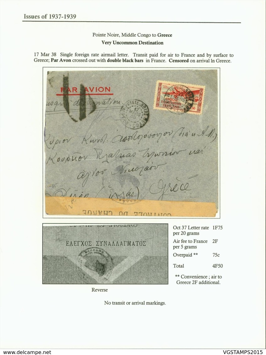 AEF - Lettre Yv PA34 De Pointe Noire, Middle Congo Vers Greece + Censure 17/03/1938 (7G29710) DC2486 - Brieven En Documenten