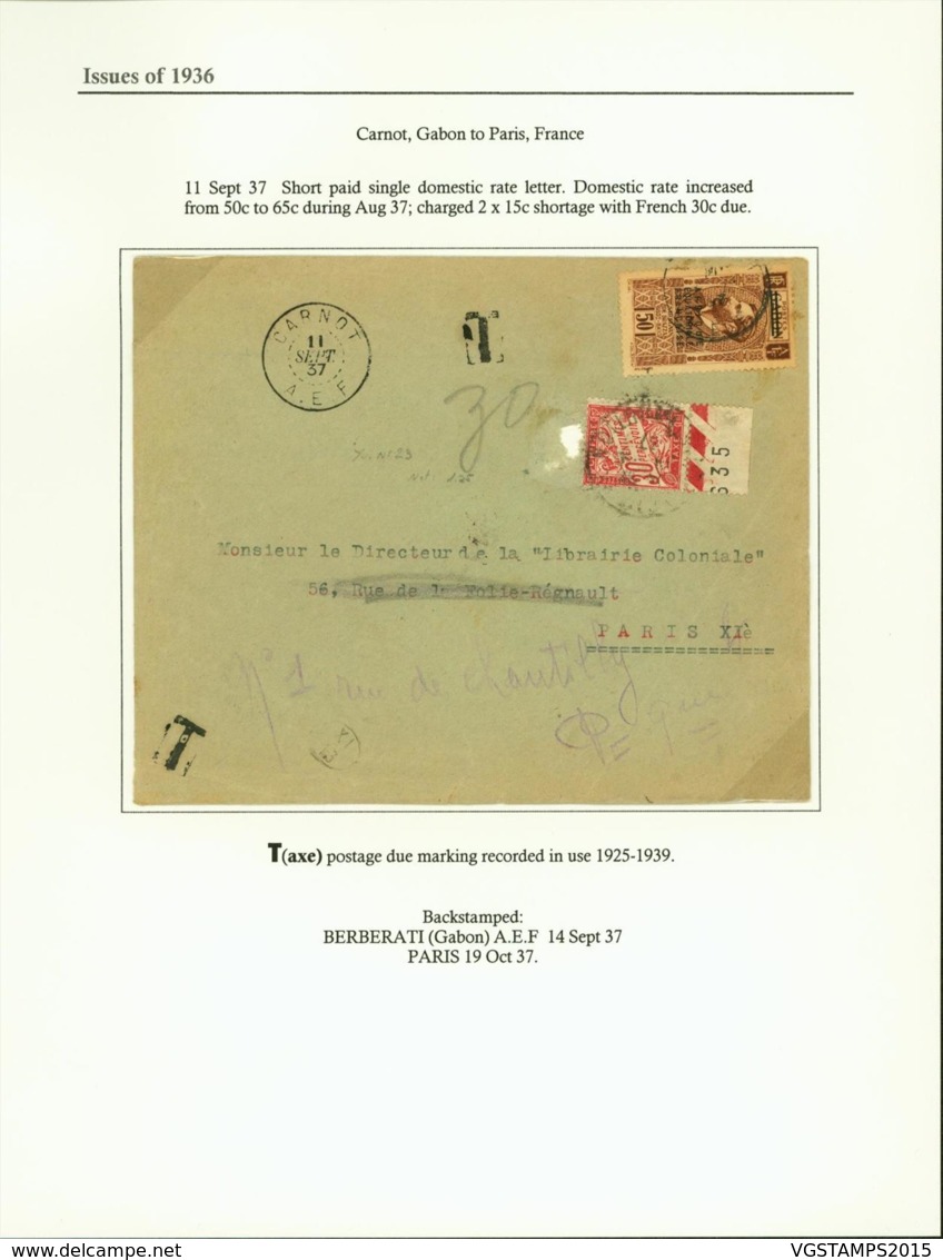 AEF - Lettre Taxe Yv23 De Carnot, Gabon Vers Paris, France 11/09/1937 (7G29710) DC2494 - Brieven En Documenten