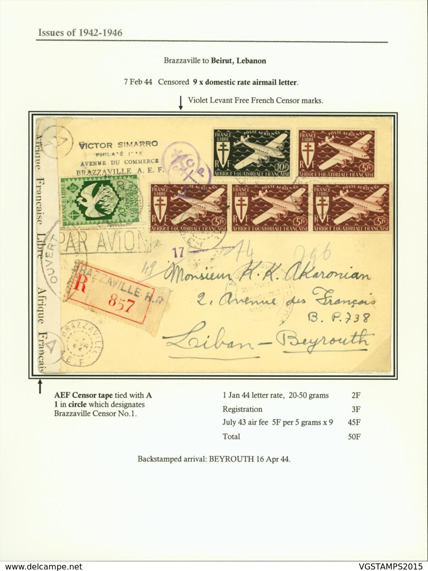 AEF - Lettre Recommandé + Censure De Brazzaville Vers Beirut, Lebanon 07/02/1944 (7G29710)DC2514 - Cartas & Documentos