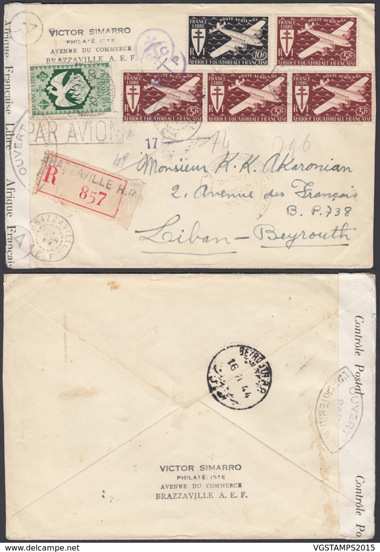 AEF - Lettre Recommandé + Censure De Brazzaville Vers Beirut, Lebanon 07/02/1944 (7G29710)DC2514 - Cartas & Documentos
