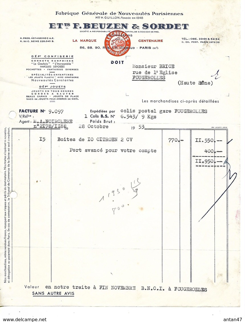 Facture 1953 / 75 PARIS Rue Timbaud / BEUZEN & SORDET / Confiserie, Jouets 2cv CITROEN - 1950 - ...