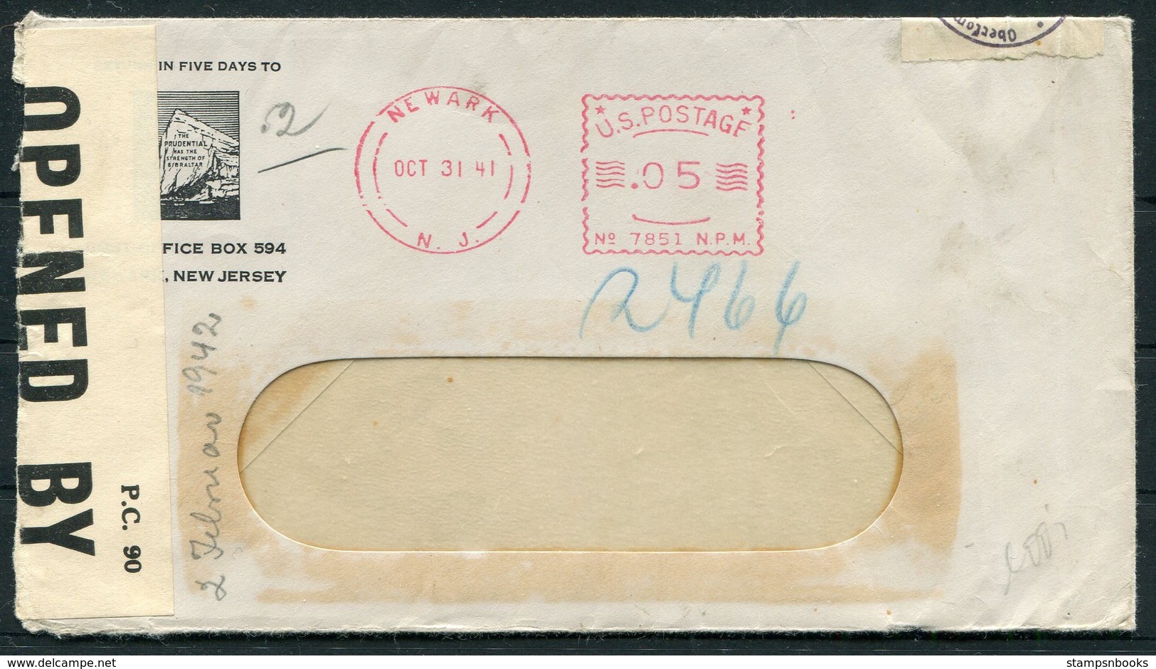 1941 USA Prudential Gibraltar Newark NJ Franking Machine / Meter Mark, Double Censor Cover. Germany - Covers & Documents