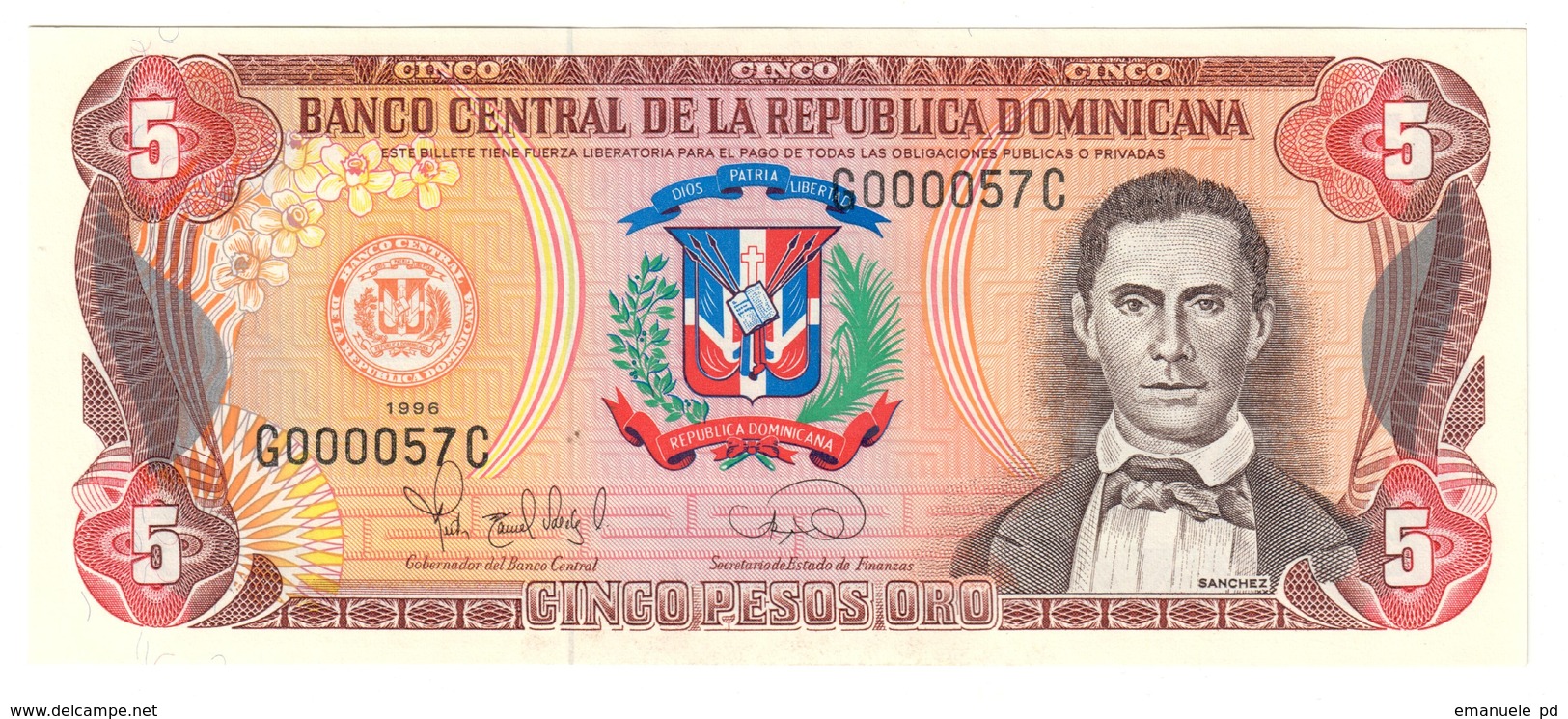 Dominican Republic 5 Pesos 1996 Low S/N G000057 UNC .C3. - Repubblica Dominicana