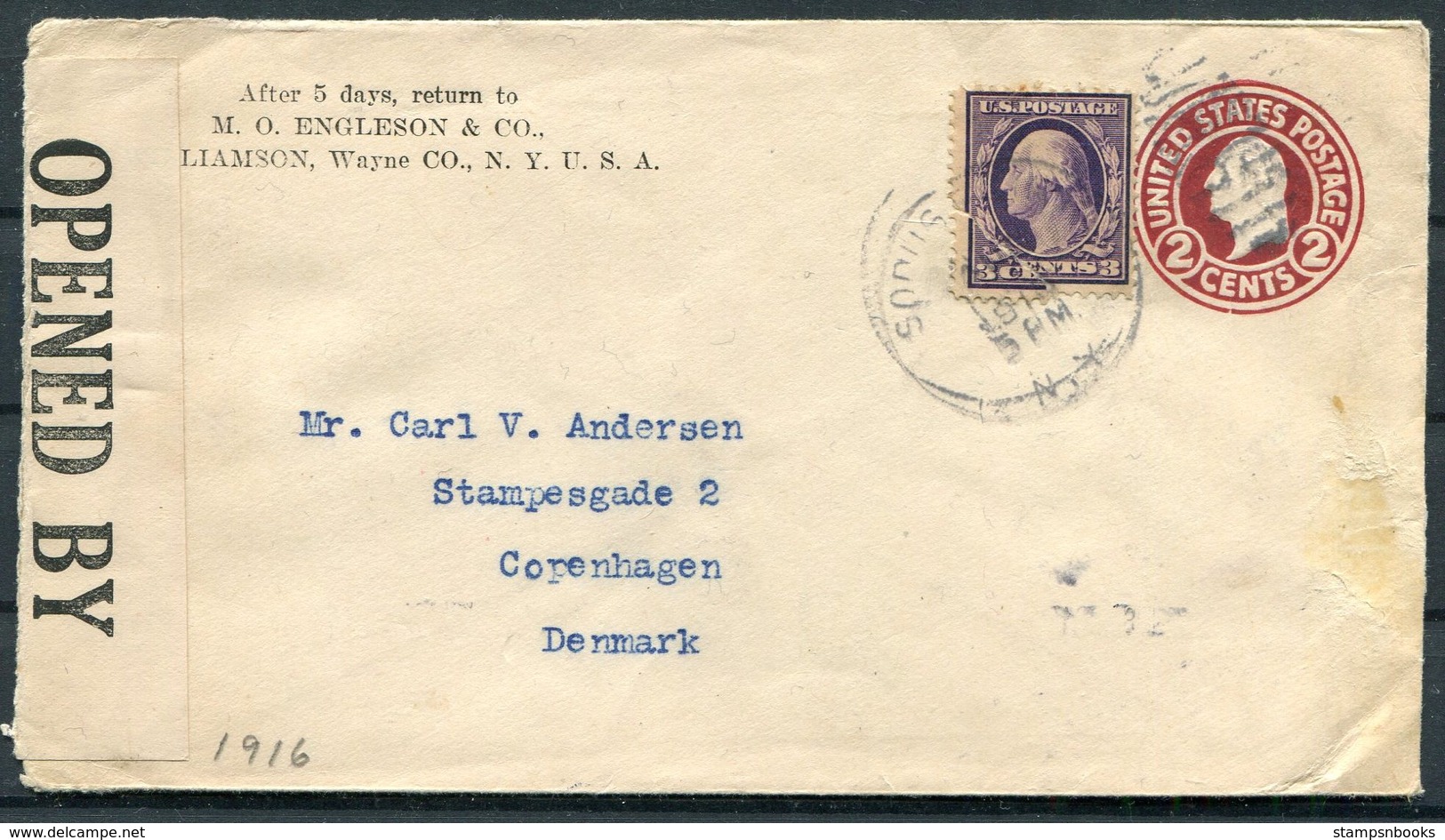 1916-18 USA 3 X Censor Uprated Stationery Covers - Denmark. Copenhagen Odense Hvam - Covers & Documents