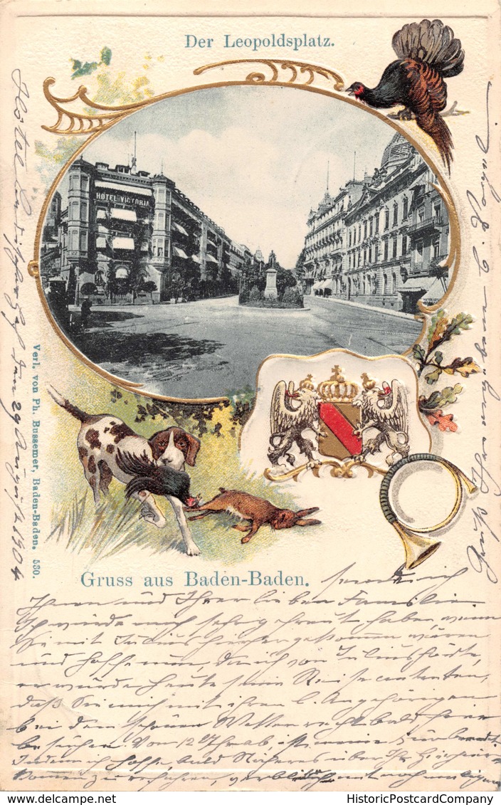 BADEN BADEN GERMANY~LEOPOLDEPLATZ~CHIEN HUNTER-HERALDIC SEAL-1904 PHOTO EMBOSSED GRUSS AUS POSTCARD 39664 - Baden-Baden