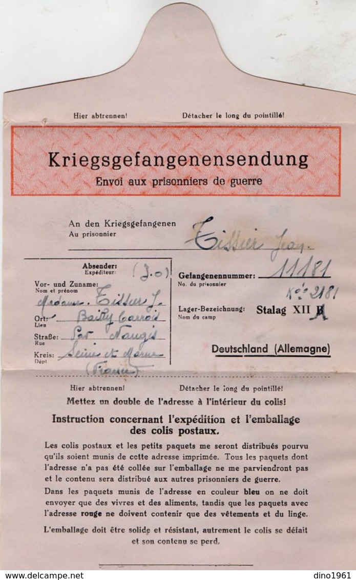 TB 2496 - MILITARIA - Lettre Pour Prisonnier De Guerre - Colis Postal - Stalag XII A  Pour BAILLY - CARROIS Par NANGIS - Guerre De 1939-45