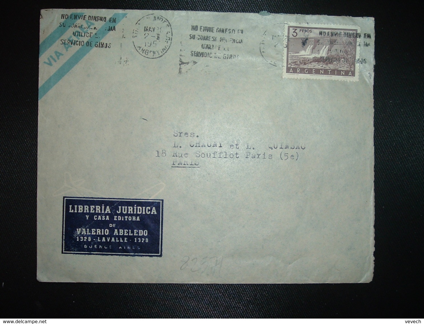 LETTRE Par Avion Pour FRANCE TP EL NIHUIL 3 P OBL.MEC. MAY 28 1957 BUENOS AIRES + LIBRERIA JURIDICA - Lettres & Documents