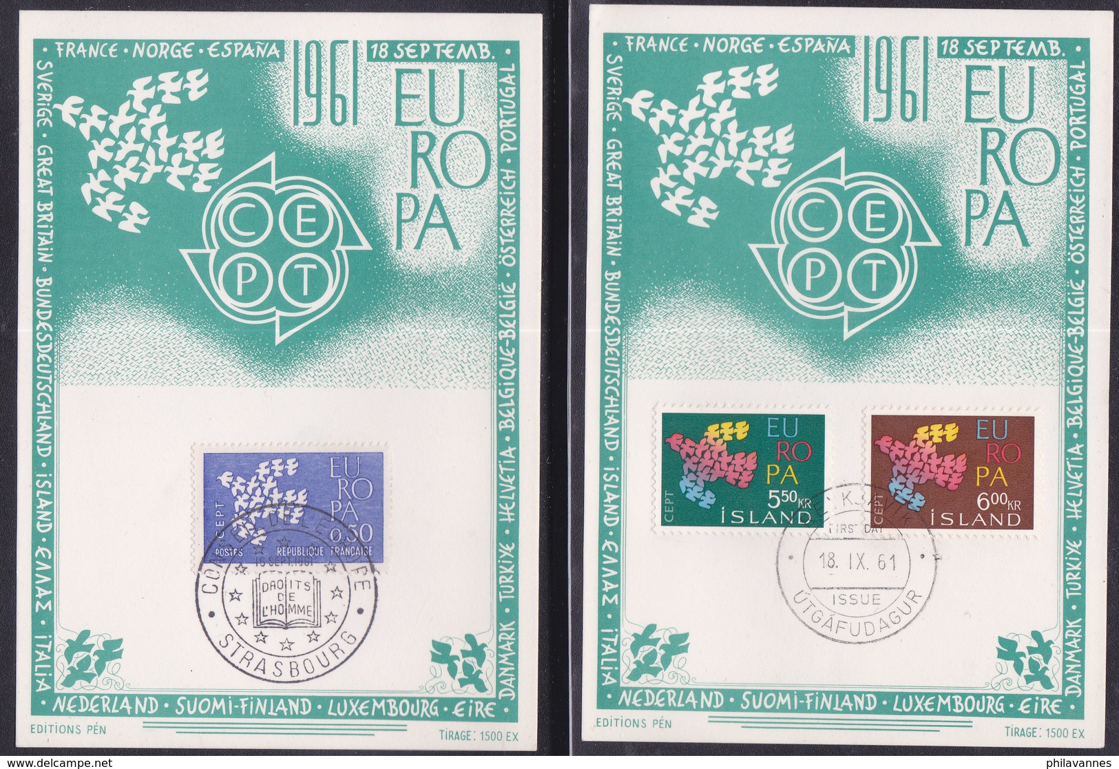 FRANCE+ISLANDE,  2 Cartes Europa 1961,  (W 18/19) - 1960-1969