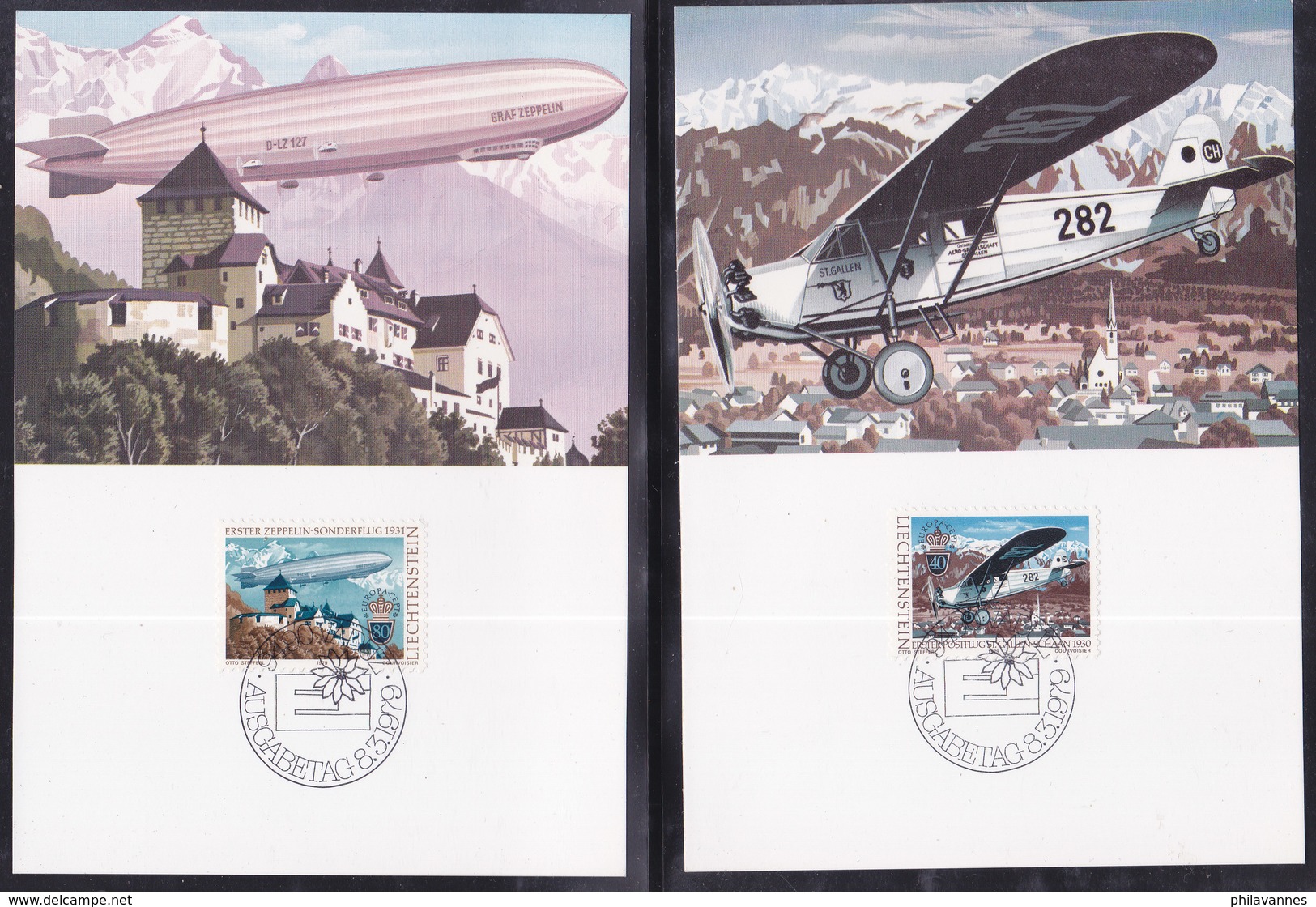 LIECHTENSTEIN  2 Cartes Europa 1979, Zeppelin+ Avion (W 18/22) - FDC