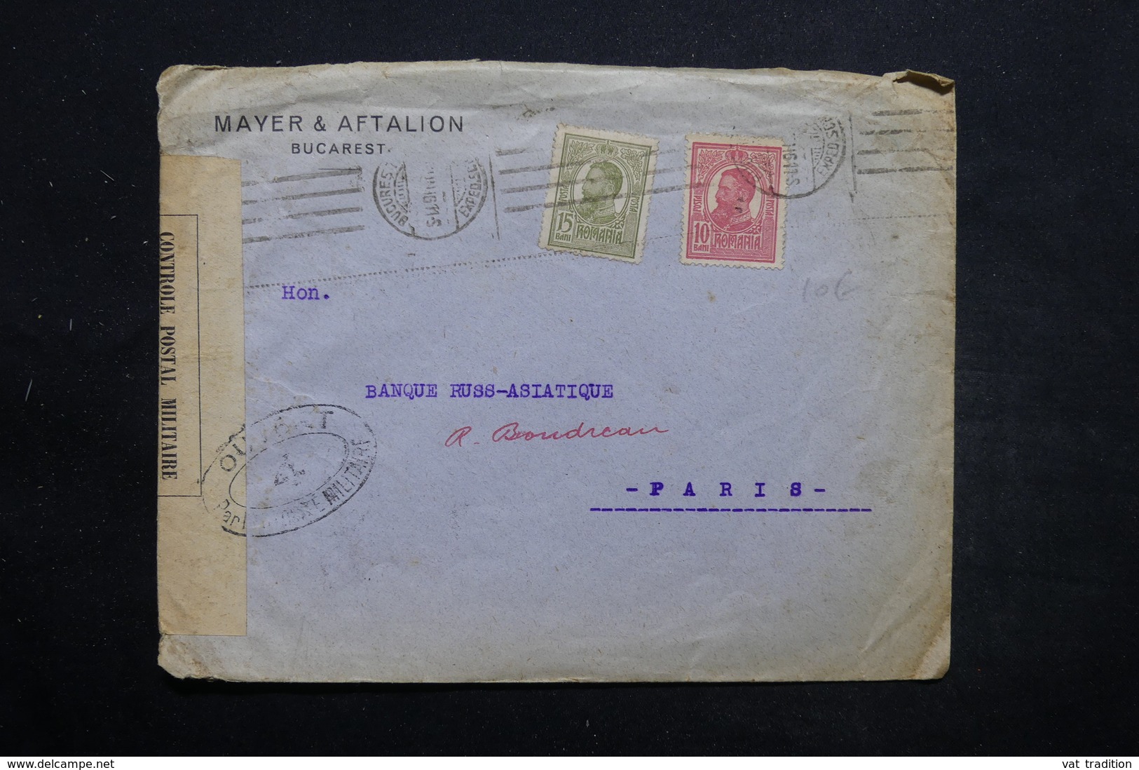 ROUMANIE - Enveloppe Commerciale De Bucarest Pour Paris En 1916 Avec Contrôle Postal - L 25556 - Cartas & Documentos