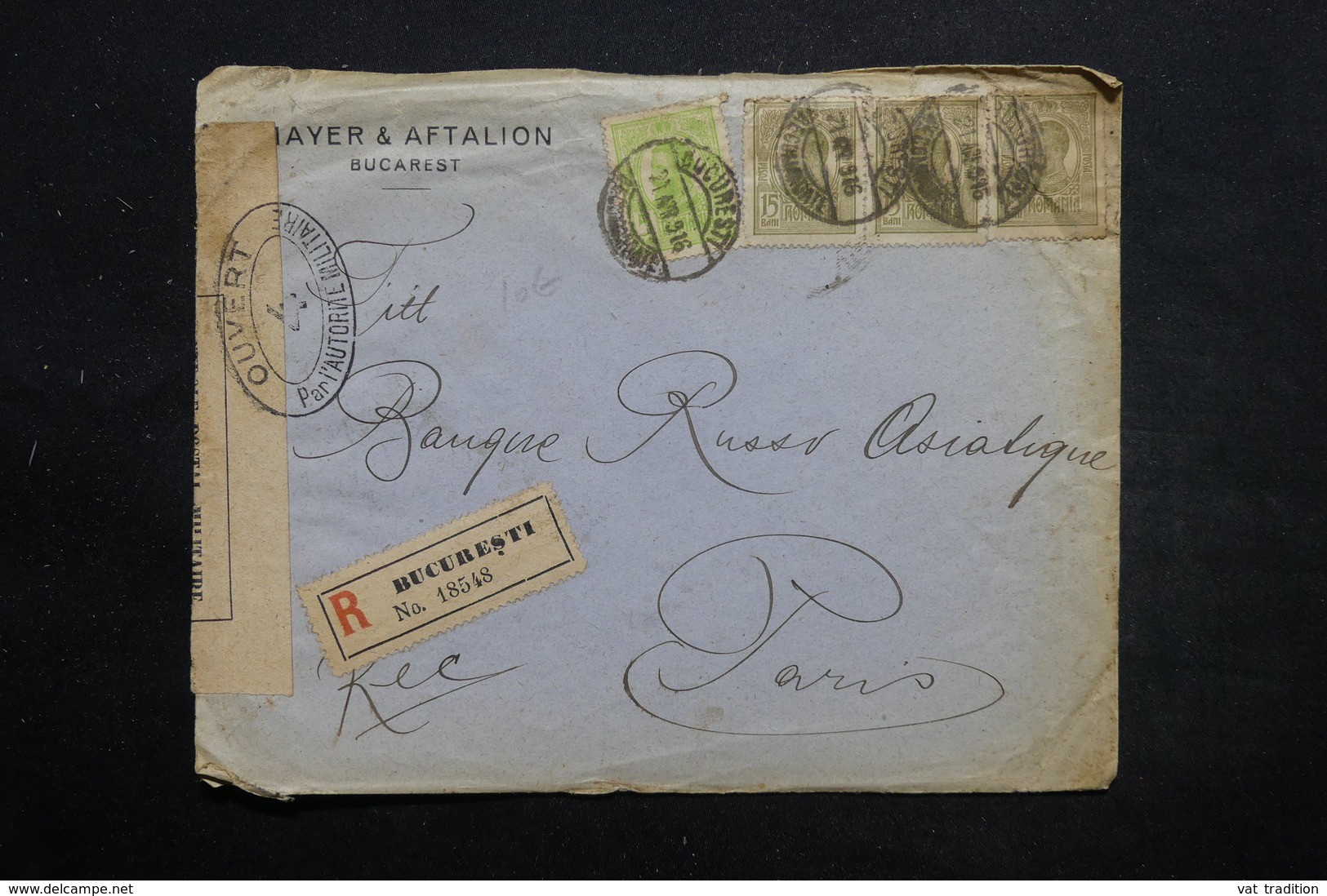 ROUMANIE - Enveloppe Commerciale En Recommandé De Bucarest Pour Paris En 1916 Avec Contrôle Postal - L 25557 - Lettres & Documents