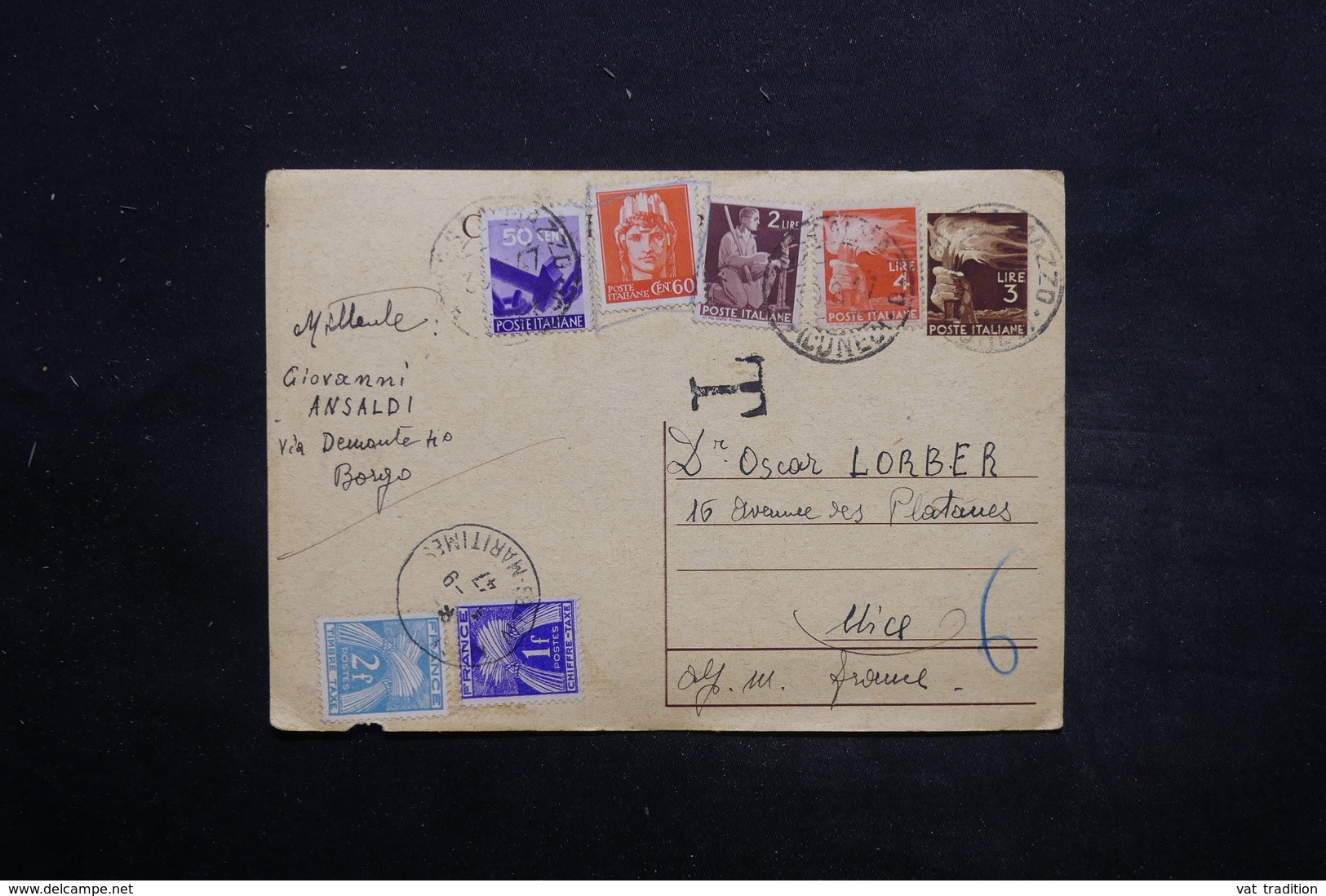 FRANCE - Taxes De Nice Sur Entier Postal De Borgo ( Italie ) En 1947 - L 25559 - 1859-1959 Lettres & Documents