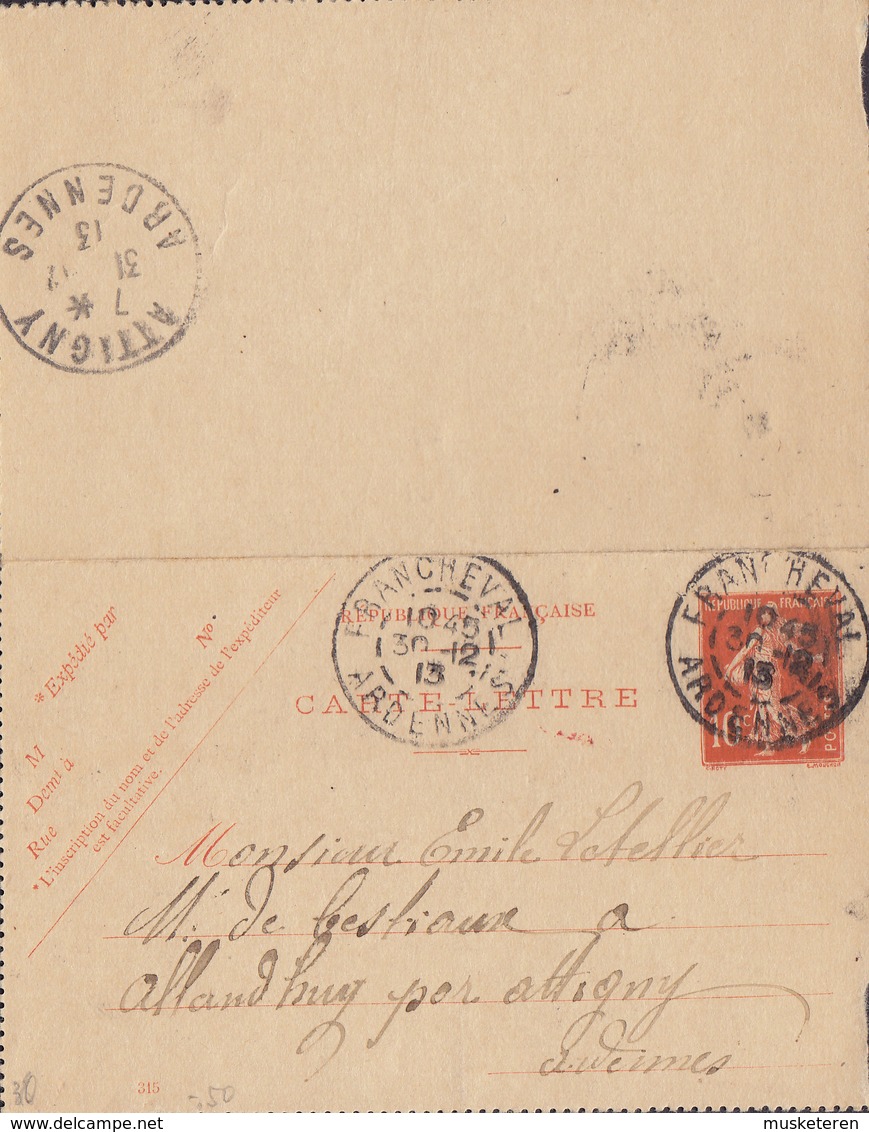 France Postal Stationery Ganzsache (315) 10c. Semeuse Carte-Lettre FRANCHEVAL Ardennes 1913 ATTIGNEY Ardennes (2 Scans) - Kartenbriefe