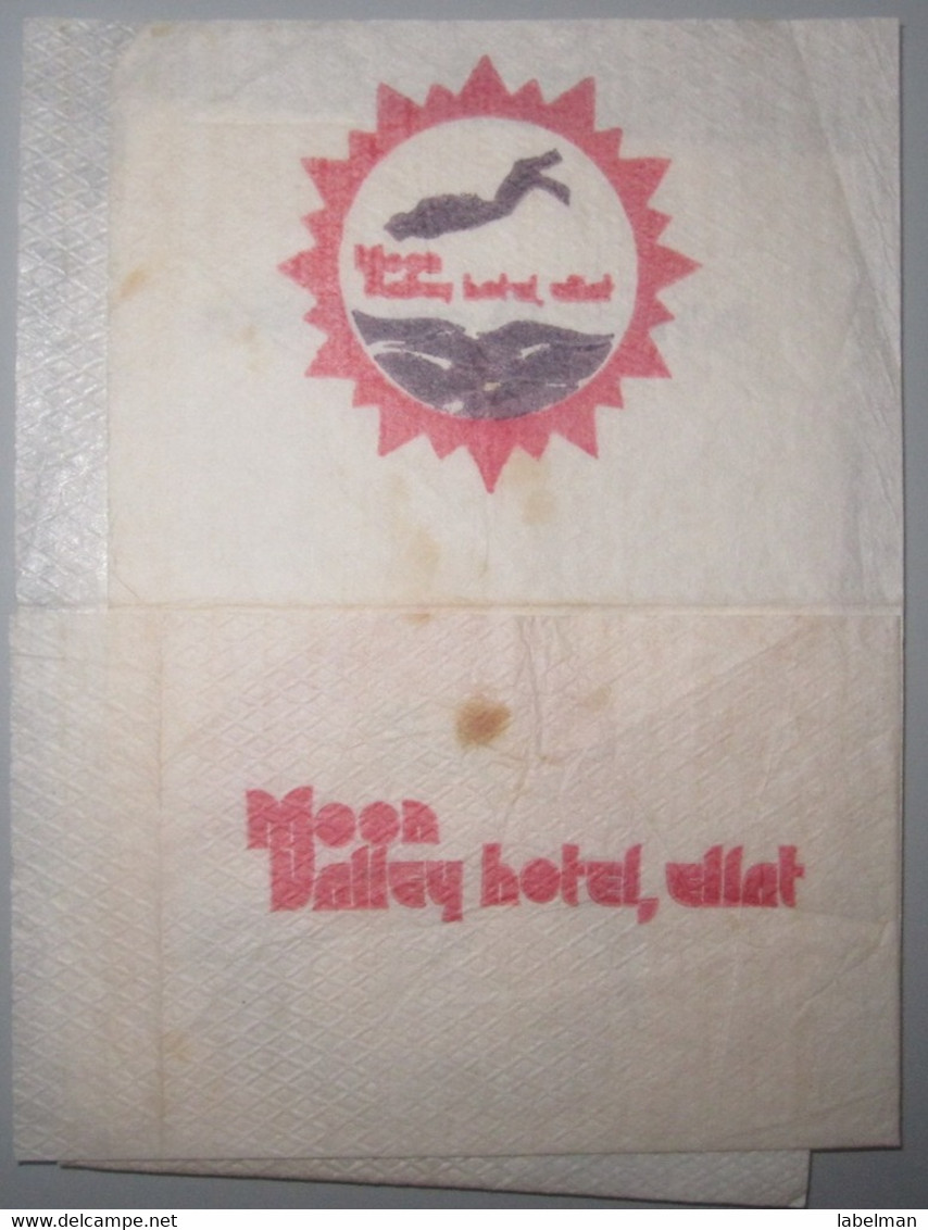 ISRAEL HOTEL GUEST REST HOUSE MOON VALLEY DIVER EILAT ELAT VINTAGE PAPER PLACEMAT NAPKIN SERVIETTE COASTER ADVERTISING - Hotel Labels