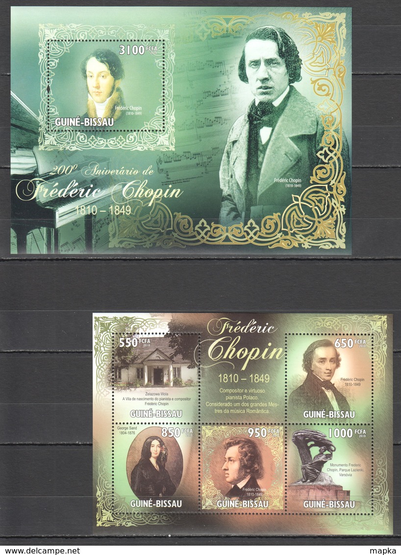 L516 2010 GUINE GUINEA-BISSAU MUSIC FAMOUS PEOPLE FREDERIC CHOPIN 1KB+1BL MNH - Music