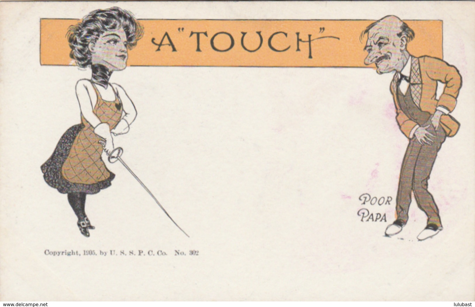 L'escrime : Carte Humoristique Anglaise - "A Touch" Poor Papa. - Escrime