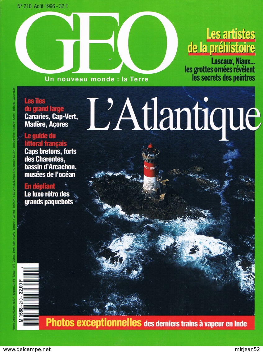 Geo  N°210  Aout 1996  Atlantique Canyons De La Reunion Gnawa Du Maroc Trains En Inde Rhinoceros Noirs Artistes De La Pr - Géographie