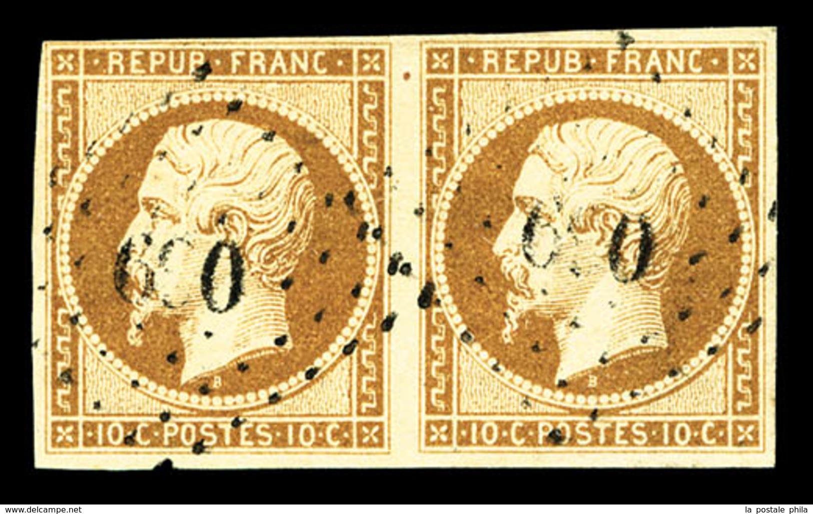 O N°9, 10c Bistre En Paire Horizontale, TB (signé Brun/certificat)  Qualité: O  Cote: 1900 Euros - 1852 Louis-Napoleon