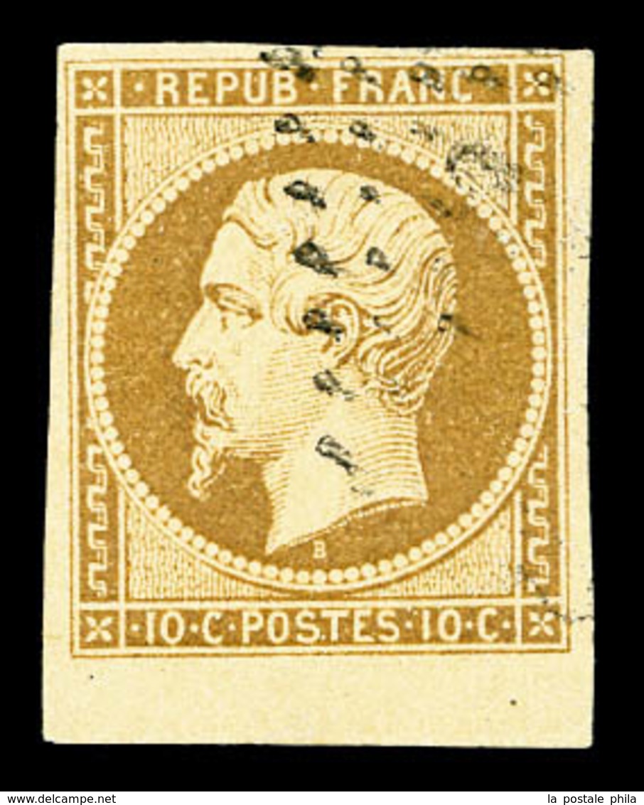 O N°9, 10c Bistre-jaune Obl PC Très Léger, Bord De Feuille. SUP (certificat)  Qualité: O  Cote: 850 Euros - 1852 Louis-Napoleon