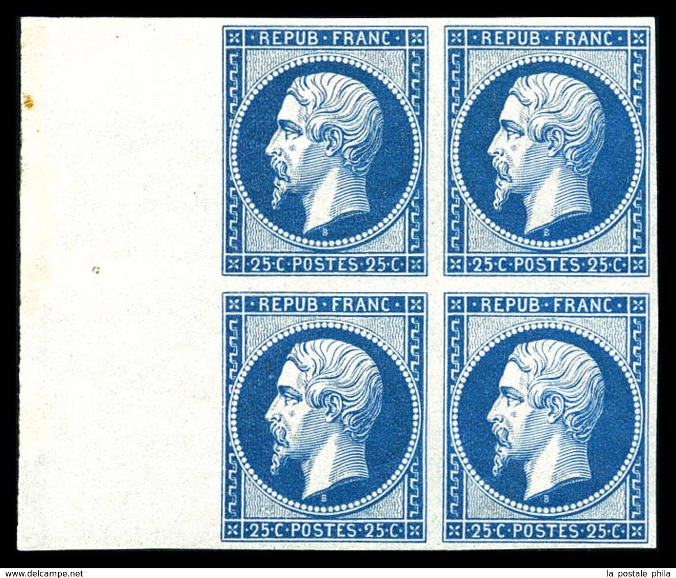 ** N°10c, 25c Bleu, Impression De 1862 En Bloc De Quatre Bord De Feuille (1ex*), Fraîcheur Postale. SUP. R. (certificat) - 1852 Louis-Napoleon