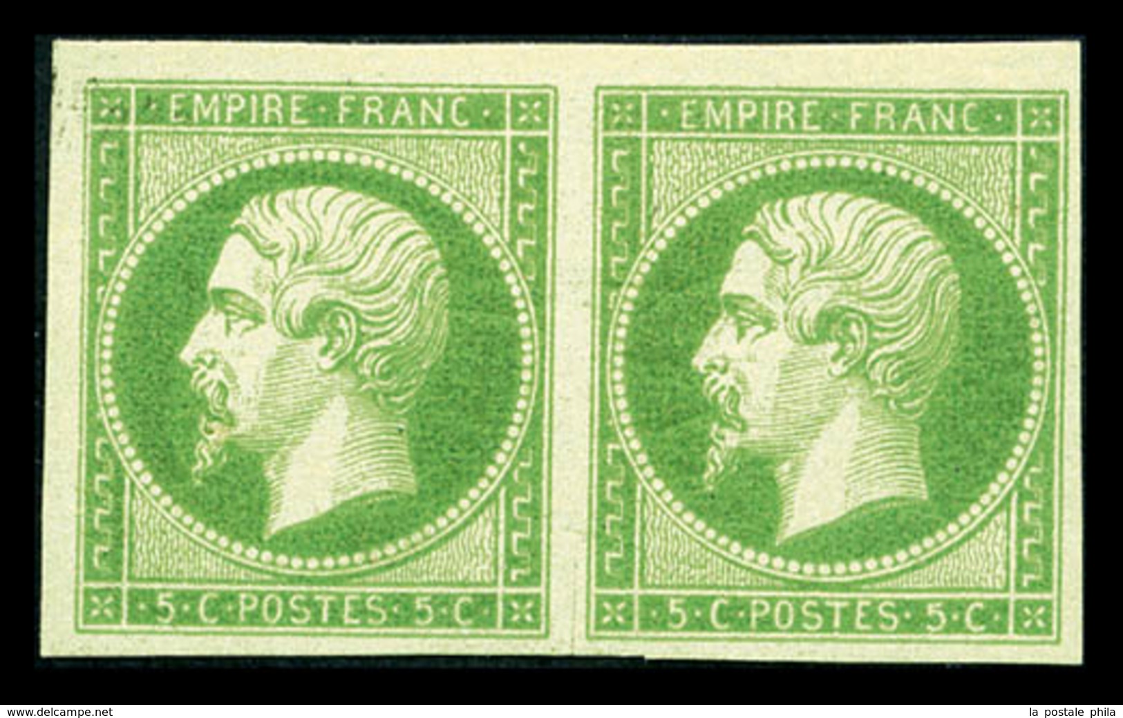 * N°12, 5c Vert-jaune Clair Sur Verdâtre En Paire, Belles Marges Et Nuance Rare. SUPERBE (certificat)  Qualité: * - 1853-1860 Napoléon III.