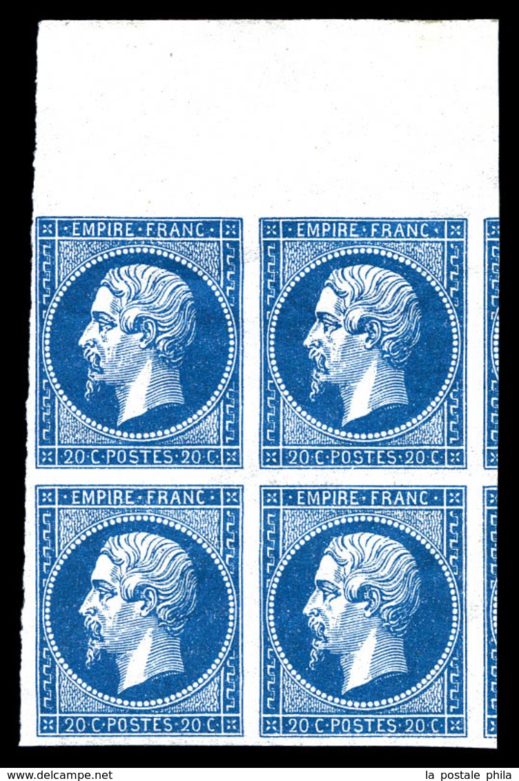 ** N°14A, 20c Bleu Type I En Bloc De Quatre Haut De Feuille Avec Voisins, Fraîcheur Postale. SUP (certificat)  Qualité:  - 1853-1860 Napoleon III