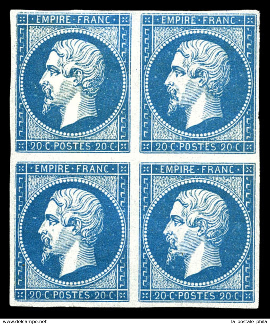 ** N°14A, 20c Bleu Type I En Bloc De Quatre, Fraîcheur Postale. SUP (signé Calves/certificat)  Qualité: ** - 1853-1860 Napoléon III