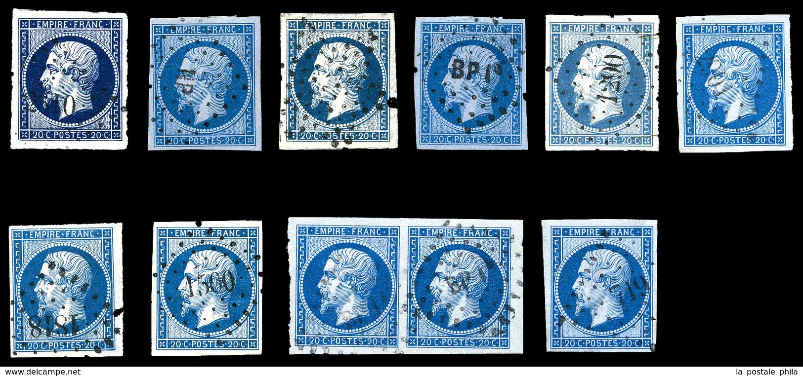 O 20c Empire, 11 Exemplaires Choisis Dont Nuances Et Oblitérations (5ex 14A + 6ex 14B), TTB  Qualité: O - 1853-1860 Napoléon III