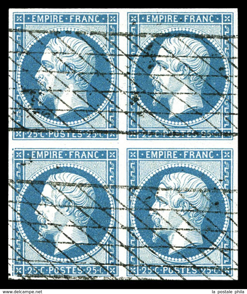 O N°15, 25c Bleu En Bloc De Quatre Obl Grille Sans Fin. TTB (signé Calves/certificat)  Qualité: O  Cote: 2750 Euros - 1853-1860 Napoleon III
