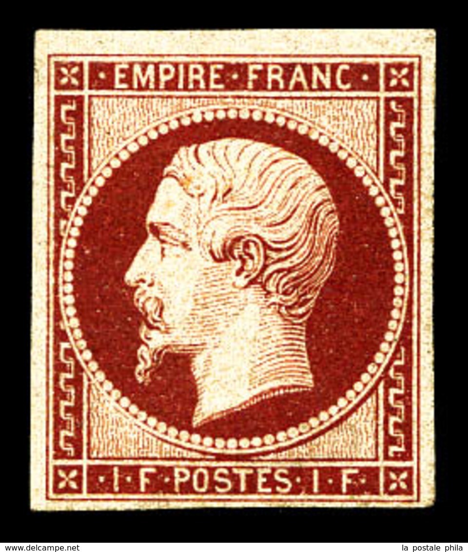 * N°18a, 1F Carmin Foncé Avec Gomme Quasiment Intacte, Fraîcheur Postale. SUPERBE. R.R. (signé Brun/certificat)  Qualité - 1853-1860 Napoléon III