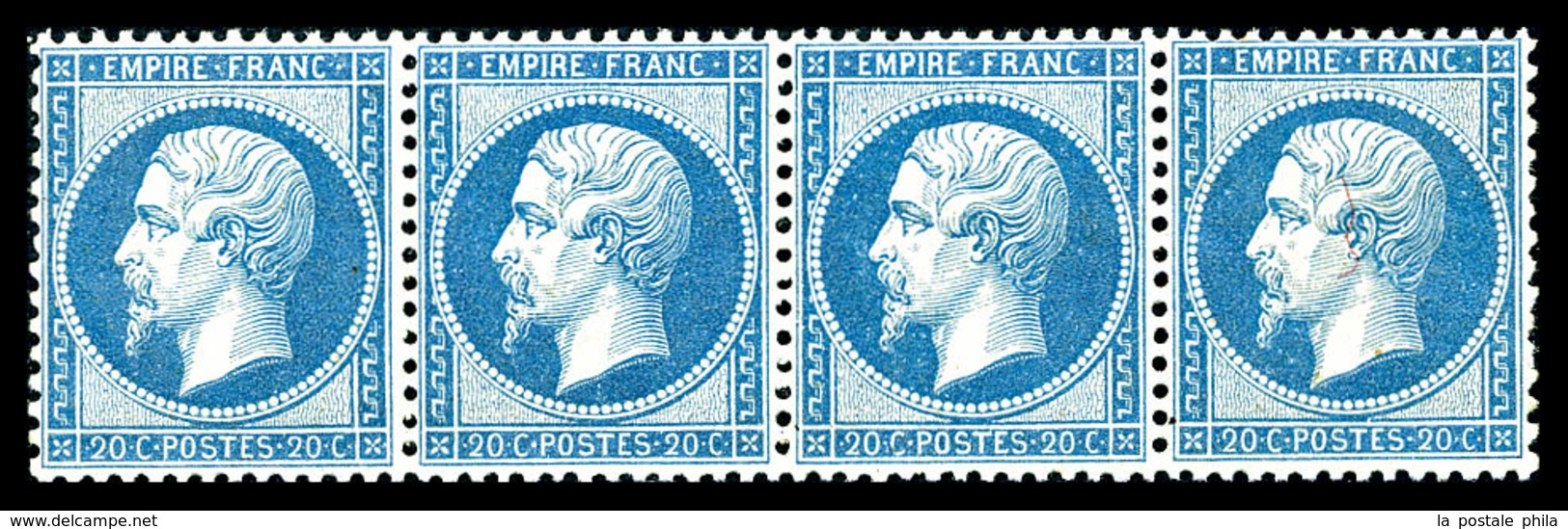 ** N°22, 20c Bleu, Bande De Quatre Horizontale, Très Bon Centrage, Fraîcheur Postale. SUP (certificat)  Qualité: ** - 1862 Napoleone III