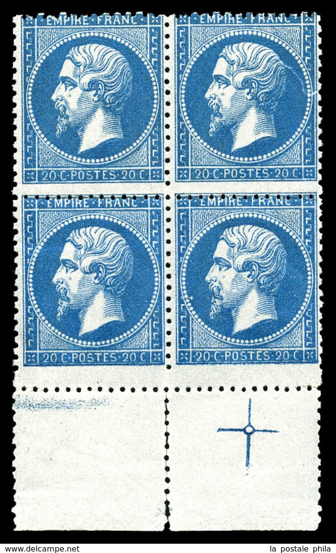 ** N°22, 20c Bleu En Bloc De Quatre Bdf Avec Croix De Repère. SUP (signé Calves/certificat)  Qualité: ** - 1862 Napoléon III