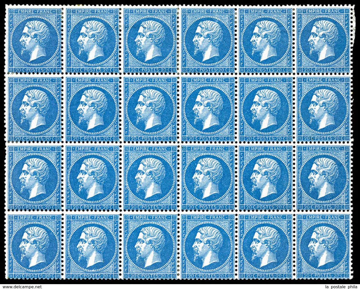 ** N°22a, 20c Bleu Foncé, Exceptionnel Bloc De 24 Exemplaires (11ex*), Fraîcheur Postale. R.R.R. (signé/certificat)  Qua - 1862 Napoléon III.