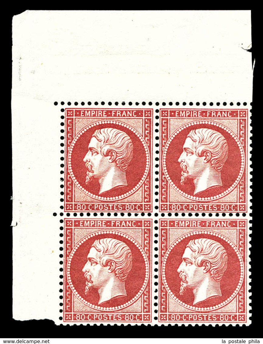 ** N°24, 80c Rose En Bloc De Quatre Coin De Feuille, Centrage Parfait, Fraîcheur Postale. SUPERBE. R.R.R (signé Margues/ - 1862 Napoléon III