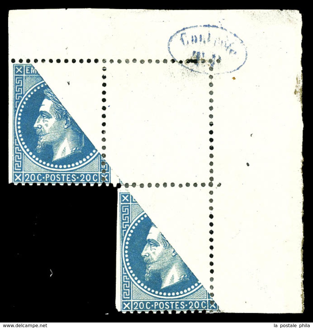 * N°29B, 20c Bleu, Impression Partielle Par Pliage: Un Exemplaire Sans Impression Et 2 Exemplaires Impression Partielle  - 1863-1870 Napoléon III. Laure