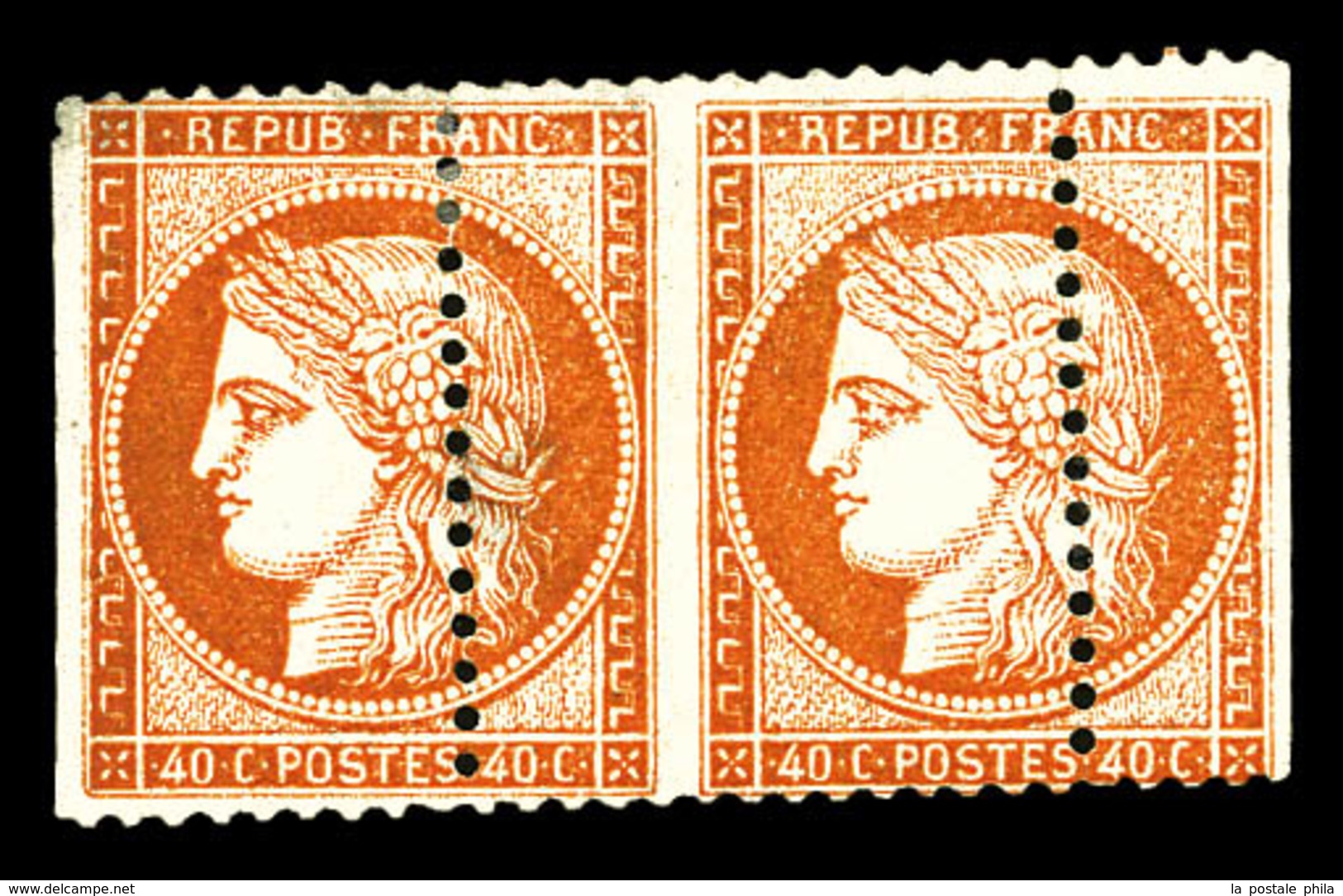 * N°38, 40c Orange, Superbe Piquage à Cheval Horizontal En Paire, Petit Pelurage Sans Importance Pour Cette Rare Variété - 1870 Siege Of Paris