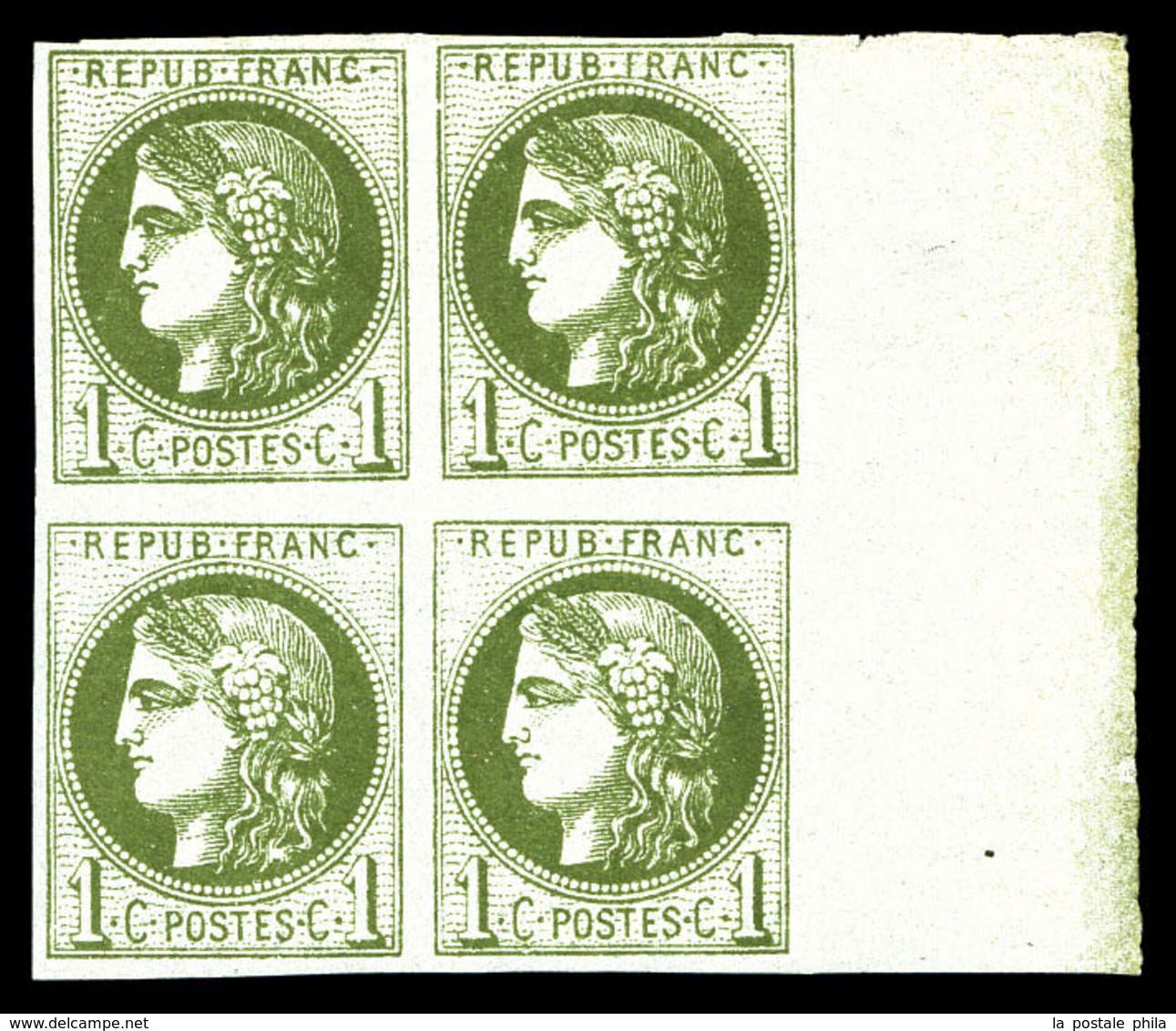 ** N°39B, 1c Olive Rep 2, Bloc De Quatre Bdf (1ex*), Fraîcheur Postale. SUP (certificat)  Qualité: ** - 1870 Ausgabe Bordeaux