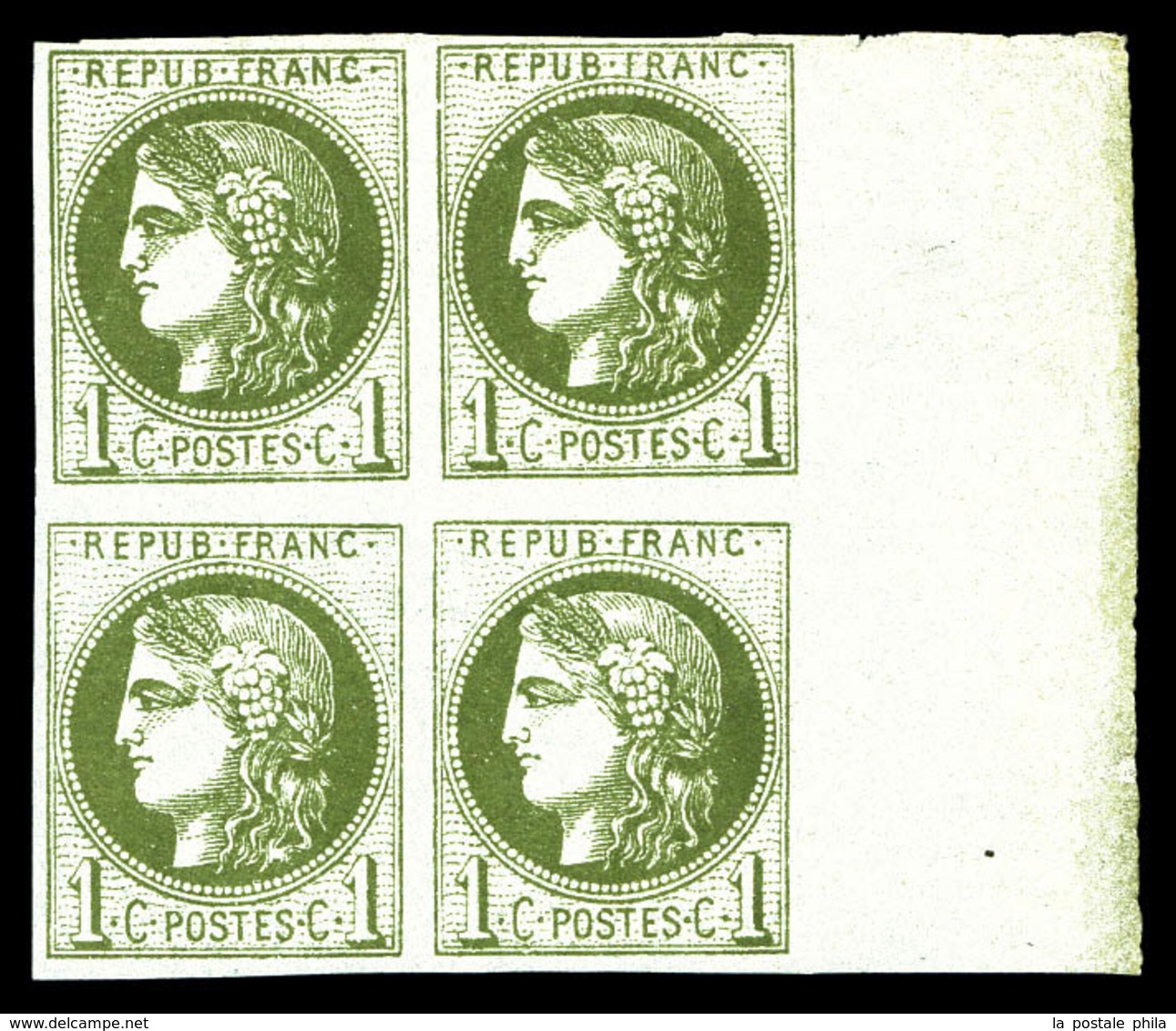 ** N°39B, 1c Olive Rep 2, Bloc De Quatre Bdf (1ex*), Fraîcheur Postale. SUP (certificat)  Qualité: ** - 1870 Emission De Bordeaux