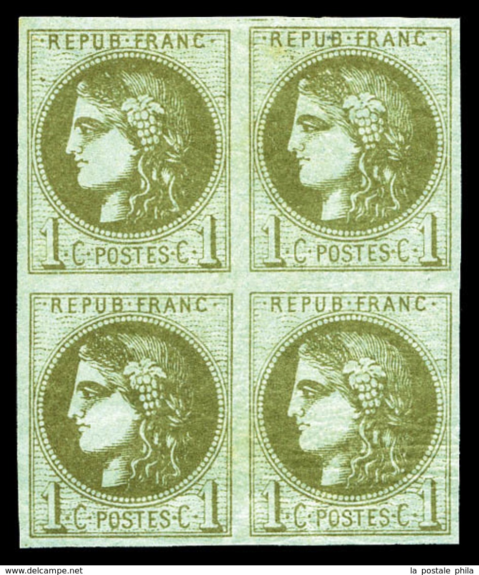 ** N°39C, 1c Olive Rep 3 En Bloc De Quatre (2ex*), Fraîcheur Postale, TTB (certificat)  Qualité: ** - 1870 Bordeaux Printing