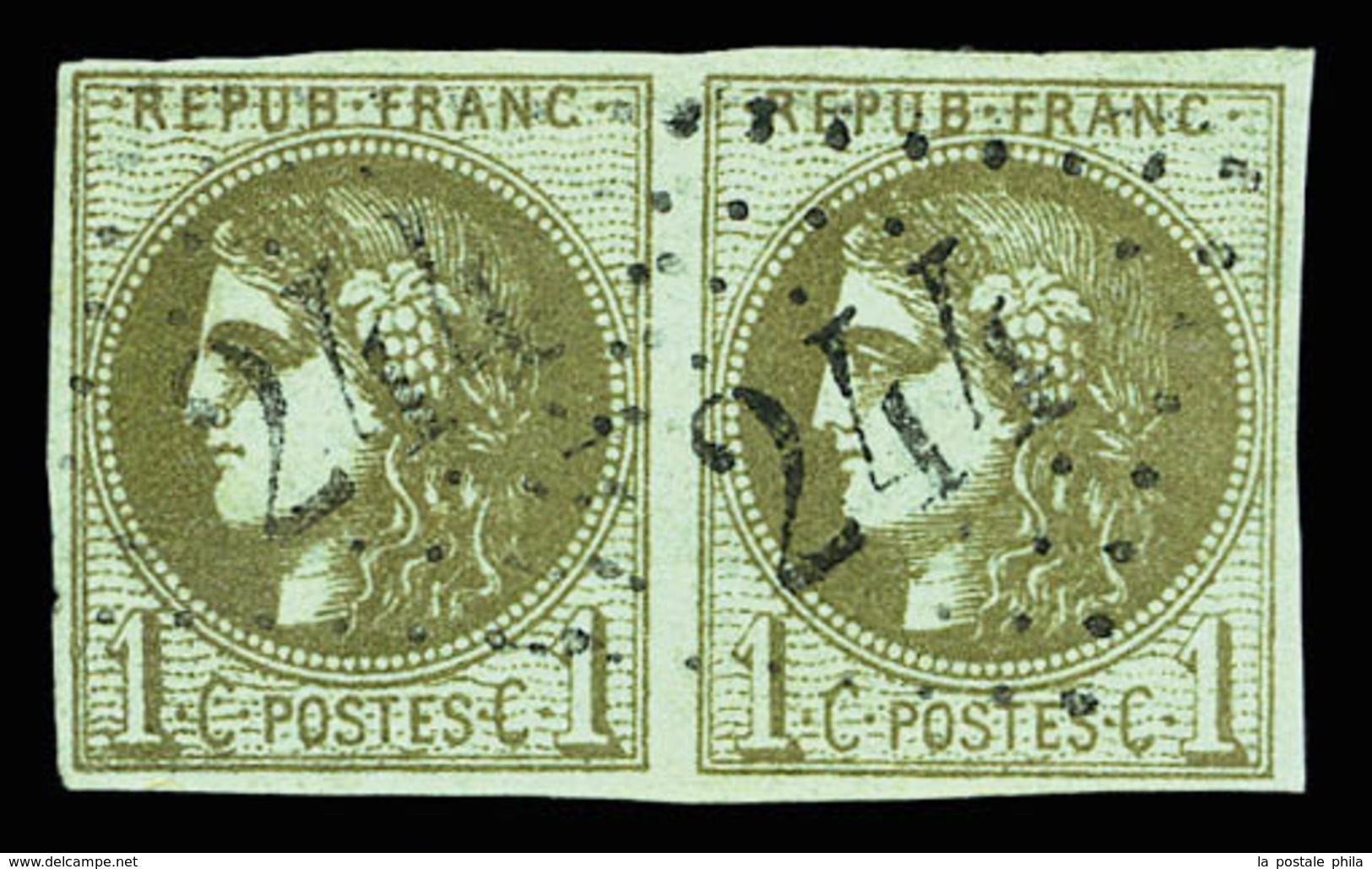 O N°39Cc, 1c Olive-bronze Rep 3 Obl GC '244' En Paire. TB (signé Calves/certificat)  Qualité: O  Cote: 600 Euros - 1870 Bordeaux Printing