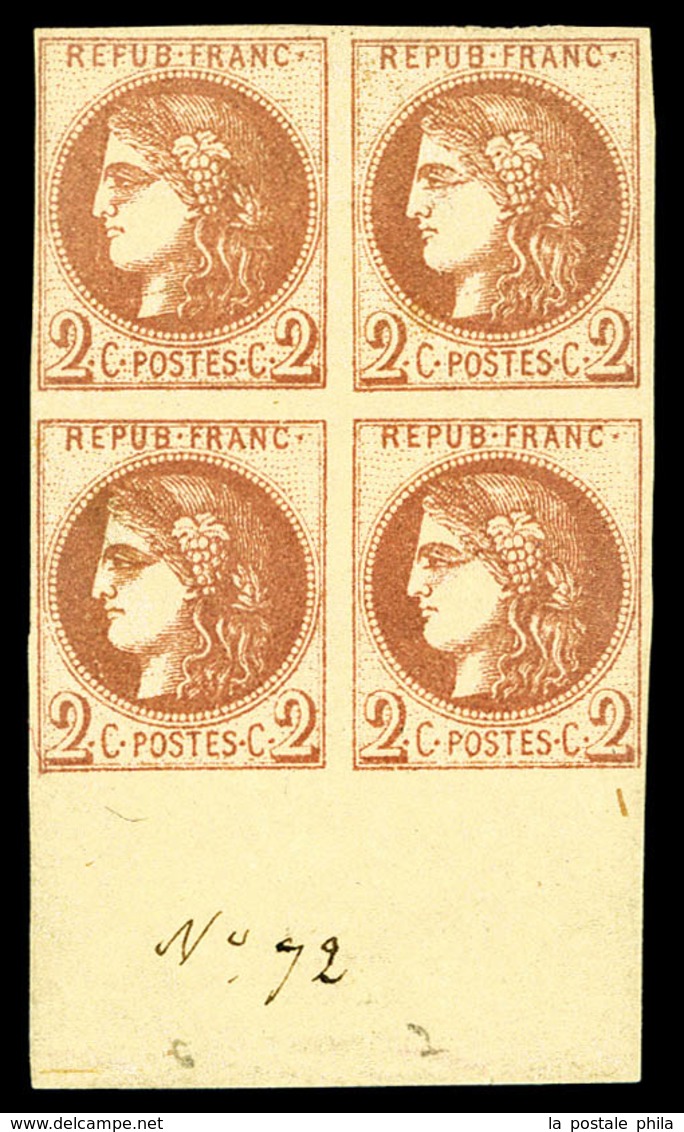 ** N°40A, 2c Chocolat Clair Report 1 En Bloc De Quatre Bord De Feuille (2ex*), Fraîcheur Postale, SUPERBE. R.R (signé Ca - 1870 Ausgabe Bordeaux