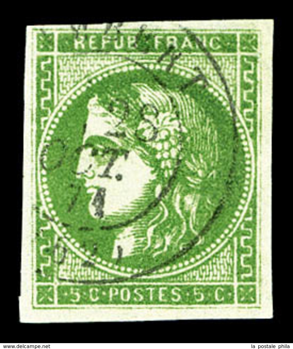 O N°42Ba, 5c Vert-jaune Foncé Obl Càd, Jolie Nuance. TTB (signé Scheller)  Qualité: O  Cote: 475 Euros - 1870 Emission De Bordeaux
