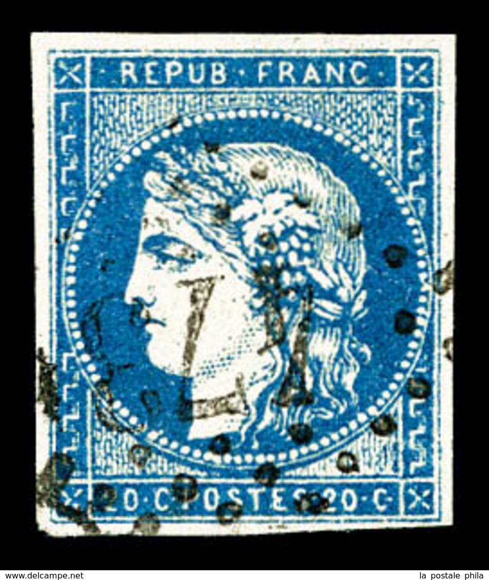 O N°44Aa, 20c Bleu Foncé Type I Rep 1. TB (certificat)  Qualité: O  Cote: 1100 Euros - 1870 Ausgabe Bordeaux