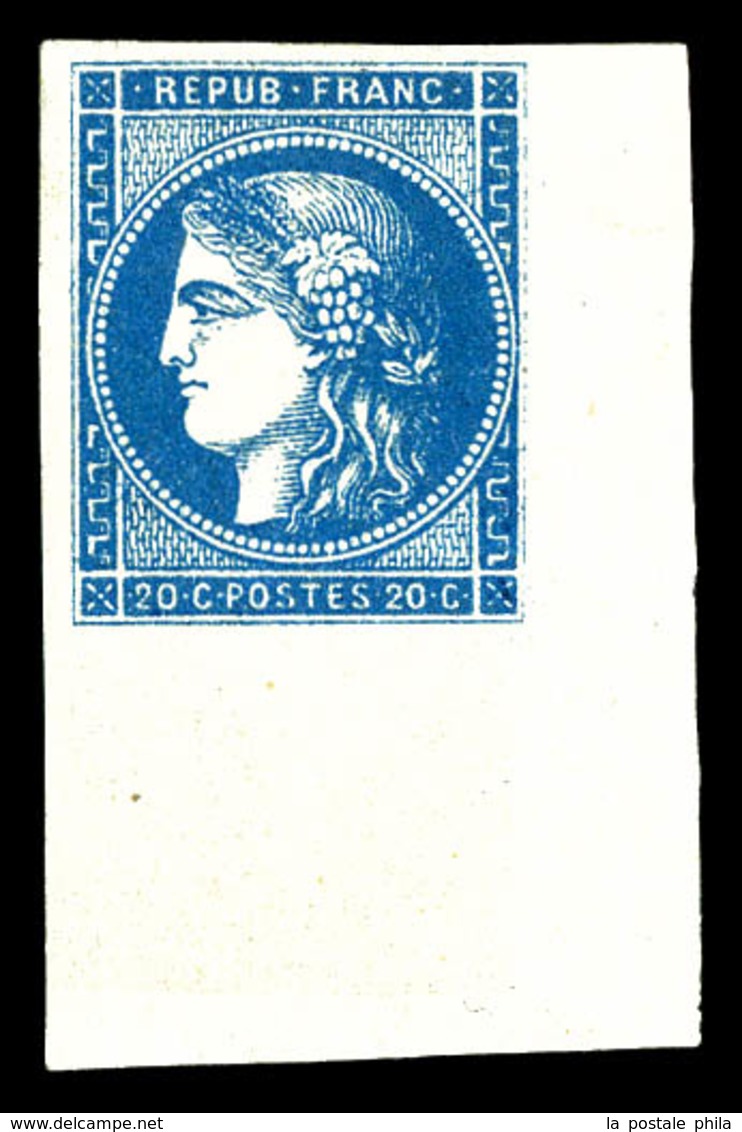 * N°45A, 20c Bleu Type II Report 1, Coin De Feuille SUPERBE. R.R. (signé Calves/certificat)  Qualité: * - 1870 Bordeaux Printing