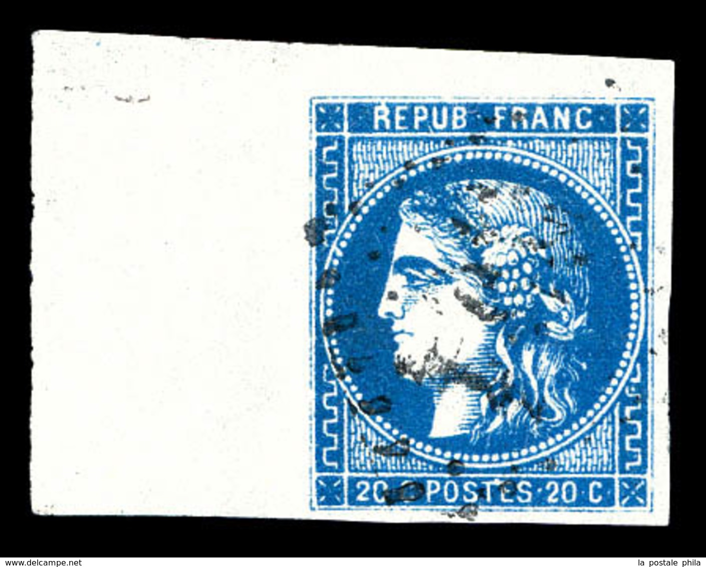 O N°46B, 20c Bleu Foncé, Type III Report 2, Bord De Feuille Latéral. SUP (signé Calves)  Qualité: O - 1870 Bordeaux Printing