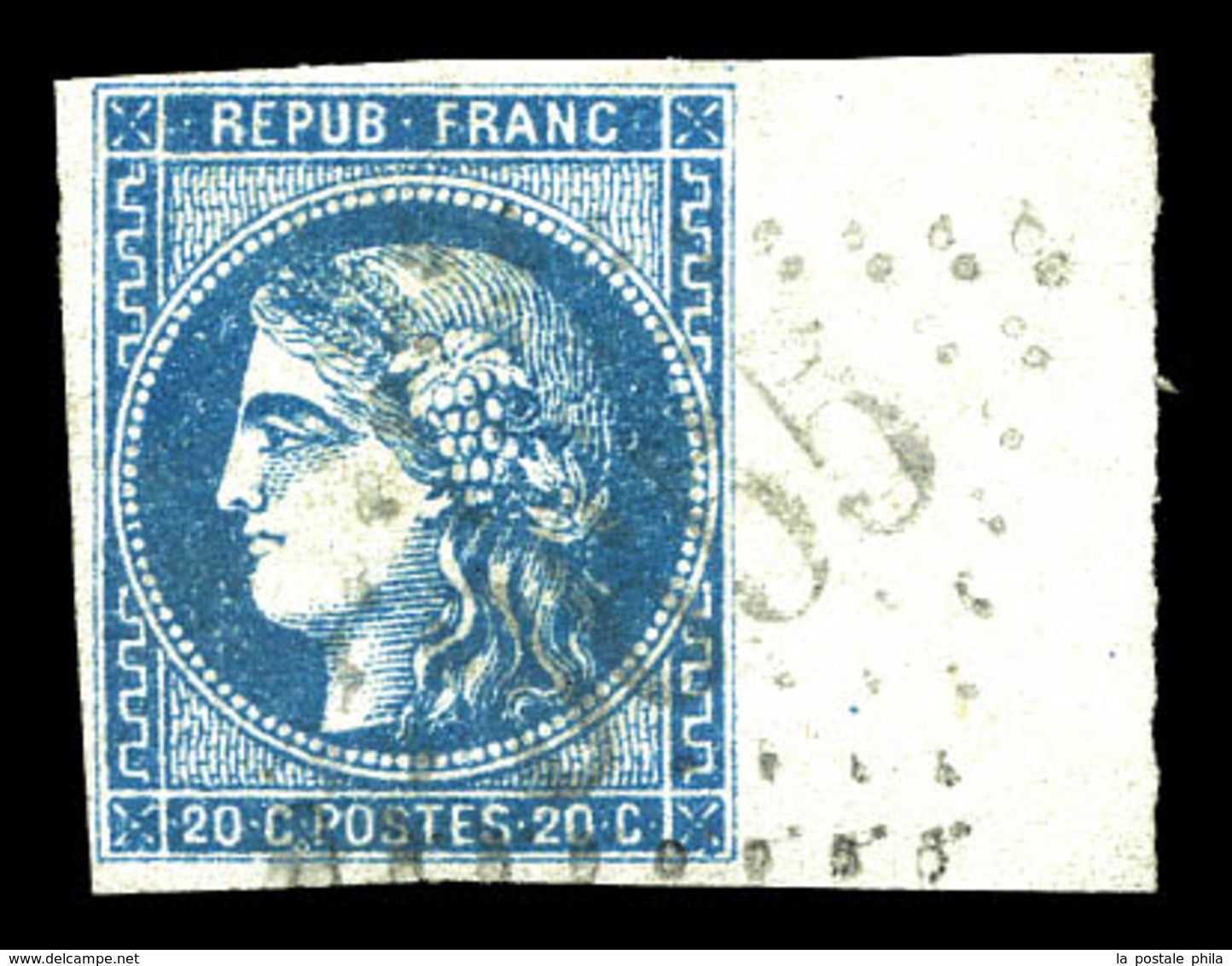 O N°46B, 20c Bleu Type III Rep 2 Obl GC 3855, Bdf Latéral. SUP (signé Calves)  Qualité: O - 1870 Bordeaux Printing